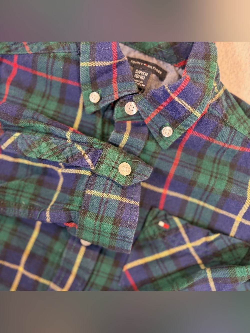 Tommy Hilfiger Boys S 8/10 Long Sleeve Plaid Button Up Shirt 100% Cotton